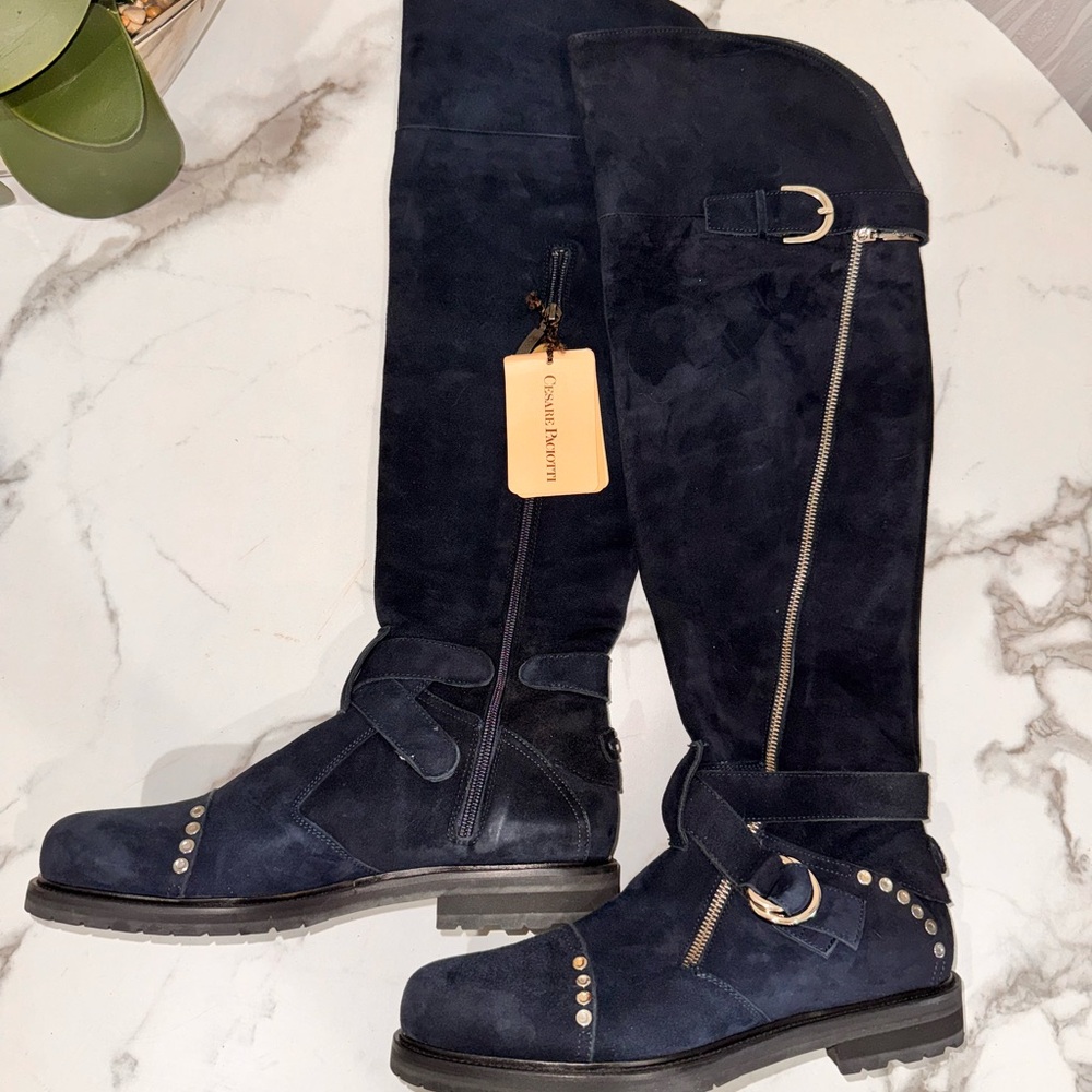Cesare Paciotti 4us Navy Suede Knee-High Boots with Buckle Detail